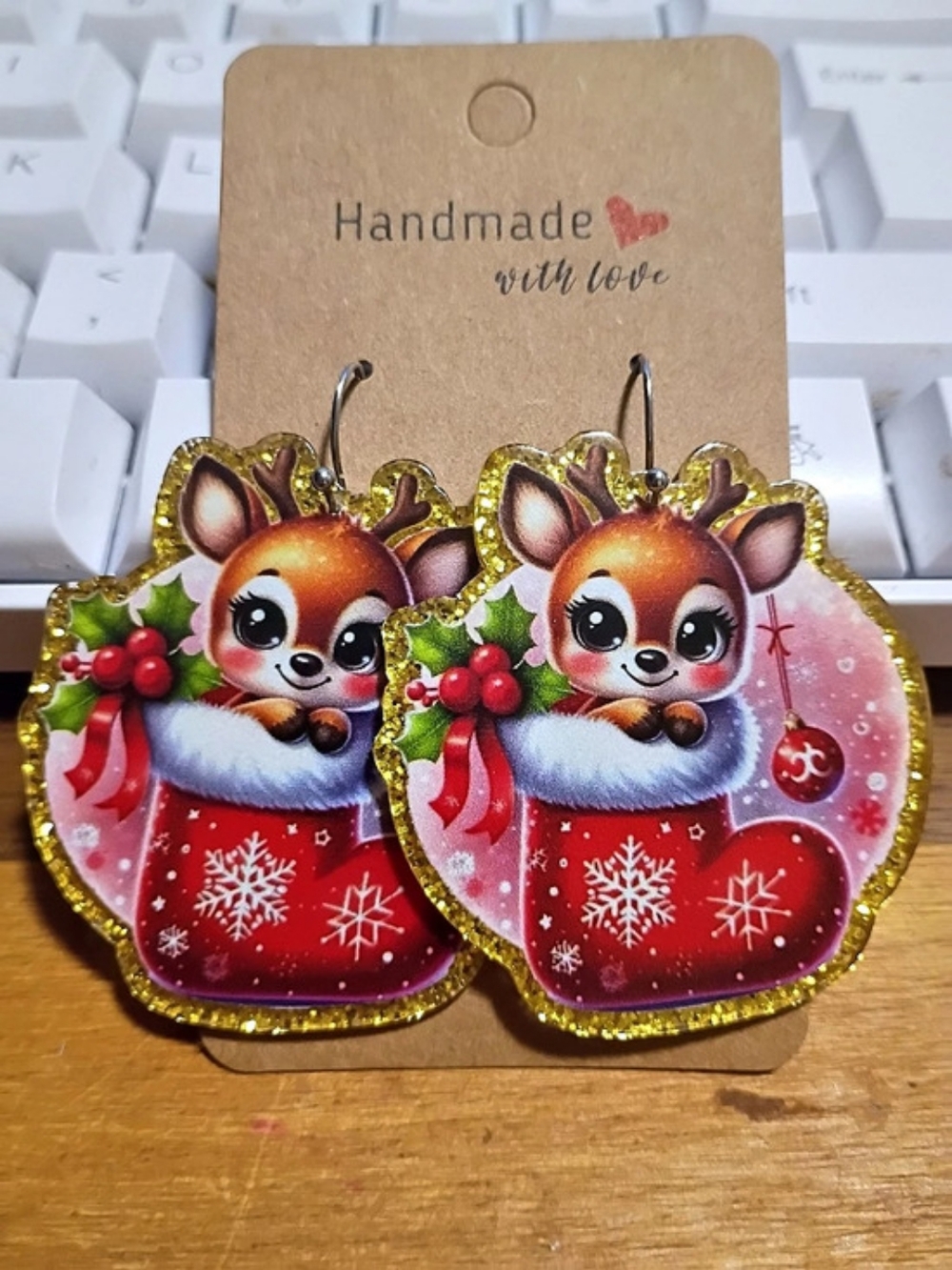 Gold Glitter Christmas Stocking Baby Deer Fashion Earrings Red & Green